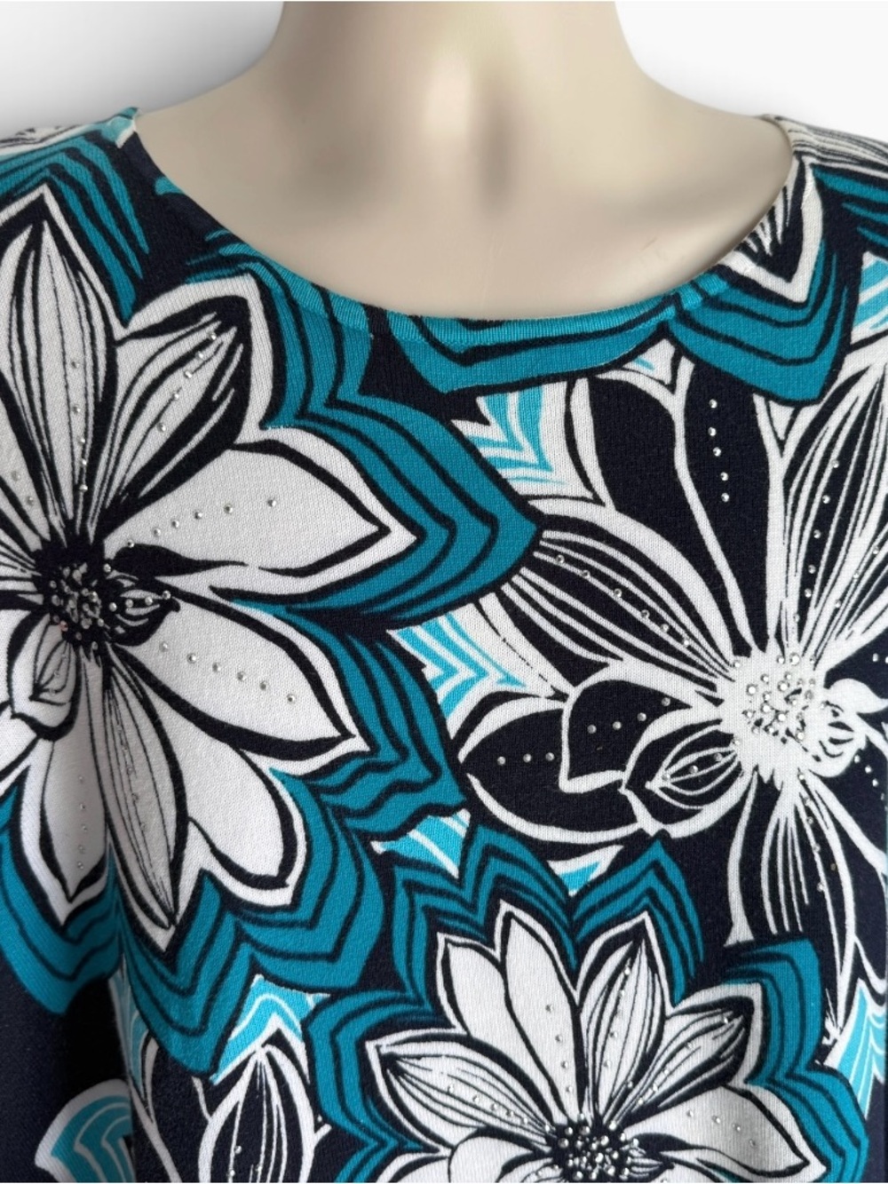 Alfred Dunner Teal, White & Black Floral Scoop Neck Sweater